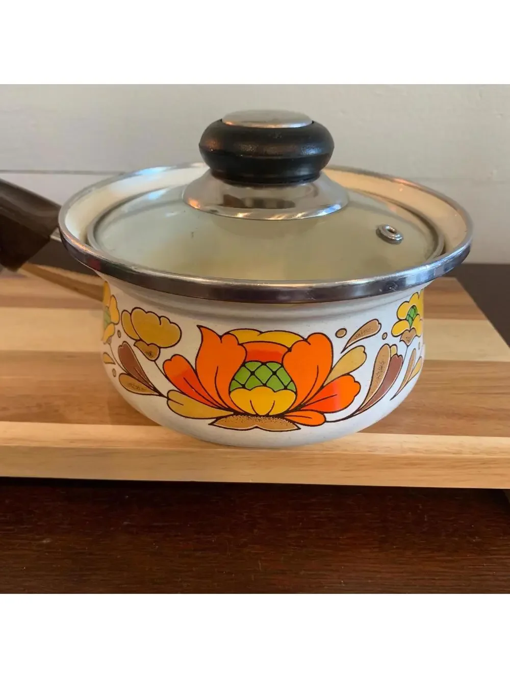 Sanko Ware Japan 1970’s Country Flowers Saucepan - Porcelain Enameled Steel